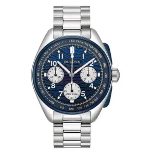 Ανδρικό ρολόι BULOVA 98A329 Lunar Pilot Timascus 150th Anniversaryμε μπλε καντράν και ασημί μπρασελέ.