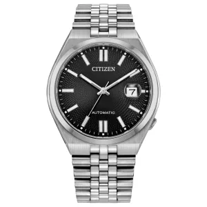 Ανδρικό ρολόι CITIZEN NK0020-55E Tsuyosa Automatic από ανοξείδωτο ατσάλι με μαύρο καντράν και ασημί μπρασελέ.