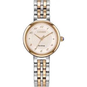 Γυναικείο ρολόι CITIZEN EM0996-84Y Eco-Drive από ανοξείδωτο ατσάλι με ροζ χρυσό καντράν και μπρασελέ.