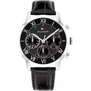 Ανδρικό ρολόι Tommy Hilfiger 1710725 από ανοξείδωτο ατσάλι με μαύρο καντράν και μαύρο δερμάτινο λουράκι.