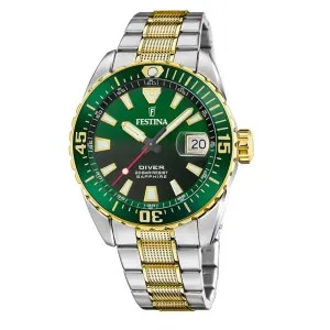 Ανδρικό ρολόι Festina F20706/2 από ανοξείδωτο ατσάλι με πράσινο καντράν και ασημί-χρυσό μπρασελέ.