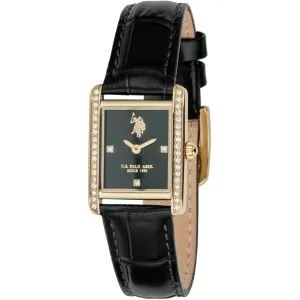 Γυναικείο ρολόι U. S. Polo Assn. USP8456BK Kate με μαύρο καντράν, πέτρες ζιργκόν και μαύρο δερμάτινο λουράκι.