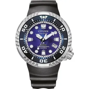 Ανδρικό Ρολόι CITIZEN Eco-Drive Professional Diver BN1025-08L με μπλε καντράν και μαύρο καουτσούκ λουράκι.
