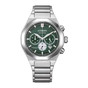 Ανδρικό ρολόι CITIZEN Eco-Drive Super Titanium Zenshin Senkei Chronograph CA4691-59X με πράσινο καντράν και ασημί μπρασελέ.