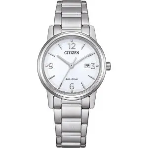 Γυναικείο ρολόι CITIZEN Dress Eco-Drive EW2720-57A από ανοξείδωτο ατσάλι με λευκό καντράν και μπρασελέ.