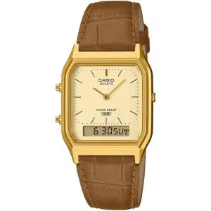 Ρολόι CASIO AQ-230EGL-9AEF με χρυσό καντράν και καφέ δερμάτινο λουράκι.