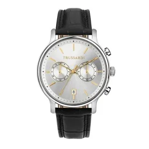 Ανδρικό ρολόι TRUSSARDI R2451174002 T-Inedito από ανοξείδωτο ατσάλι με ασημί καντράν και μαύρο δερμάτινο λουράκι.