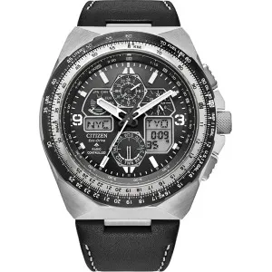 Ανδρικό Ρολόι CITIZEN JY8149-05E SKYHAWK Promaster Eco-Drive Radio Controlled με μαύρο καντράν και μαύρο δερμάτινο λουράκι.