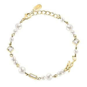 KARL LAGERFELD PEARL KLAYR19 Γυναικείο Βραχιόλι Χρυσό Με Πέρλες Και Πέτρες Και Λογότυπο