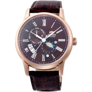 Ανδρικό ρολόι Orient RA-AK0009T Sun And Moon Automatic από ανοξείδωτο ατσάλι με καφέ καντράν και καφέ δερμάτινο λουράκι.