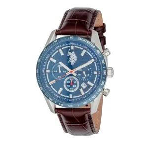 Ανδρικό ρολόι U. S. Polo Assn. USP7321BL με μπλε καντράν και καφέ δερμάτινο λουράκι.