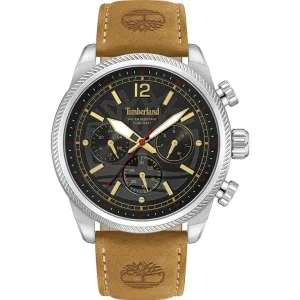 Ανδρικό ρολόι TIMBERLAND TDWGF0082801 από ανοξείδωτο ατσάλι με μαύρο καντράν και καφέ δερμάτινο λουράκι.