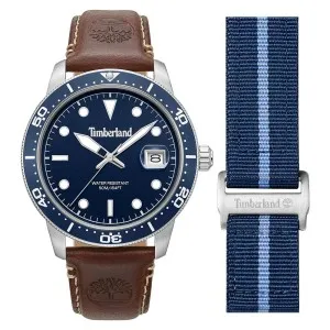 Ανδρικό ρολόι TIMBERLAND TDWGB00834X1 από ανοξείδωτο ατσάλι με μπλε καντράν με καφέ δερμάτινο λουράκι.