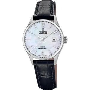 Γυναικείο ρολόι FESTINA F20009/7 Ladies από ανοξείδωτο ατσάλι με φίλντισι καντράν και μαύρο δερμάτινο λουράκι.
