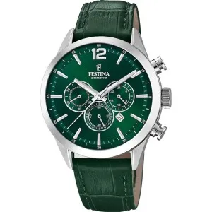 Ανδρικό Ρολόι FESTINA F20542/7 Chronograph από ανοξείδωτο ατσάλι με πράσινο καντράν και πράσινο δερμάτινο λουρ΄άκι.
