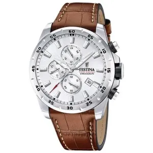 Ανδρικό ρολόι FESTINA F20692/1 Chronograph από ανοξείδωτο ατσάλι με ασημί καντράν και καφέ δερμάτινο λουράκι.