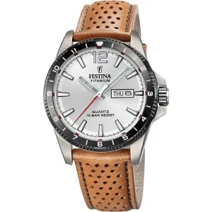 Ανδρικό ρολόι FESTINA F20699/1 Chronograph από ανοξείδωτο ατσάλι με ασημί καντράν και καφέ δερμάτινο λουράκι.