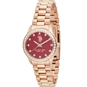 Γυναικείο ρολόι U. S. Polo Assn. USP8465BU FELICITY από ανοξείδωτο ατσάλι με κόκκνο καντράν και ροζ-χρυσό μπρασελέ.