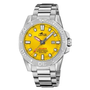 Ανδρικό ρολόι LOTUS L18926/1 Diver από ανοξείδωτο ατσάλι με κίτρινο καντράν και ασημί μπρασελέ.