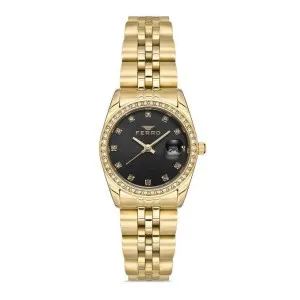 Γυναικείο ρολόι FERRO FL21450AWT-B2 με μαύρο καντράν και χρυσό μπρασελέ.