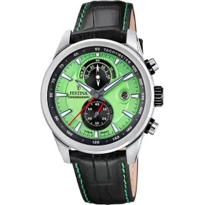 Ανδρικό ρολόι FESTINA F20695/3 Chronograph από ανοξείδωτο ατσάλι με πράσινο καντράν και μαύρο δερμάτινο λουράκι.
