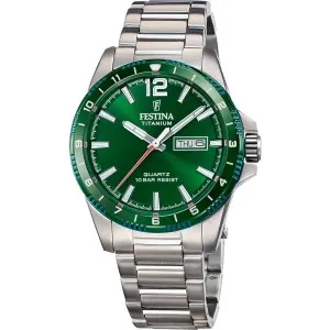 Ανδρικό ρολόι FESTINA F20698/3 Titanium με πράσινο καντράν και ασημί μπρασελέ.