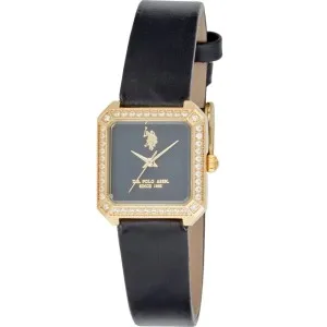 Γυναικείο ρολόι U. S. Polo Assn. USP8479BK Brigitte με μαύρο καντράν, πέτρες ζιργκόν και μαύρο δερμάτινο λουράκι.