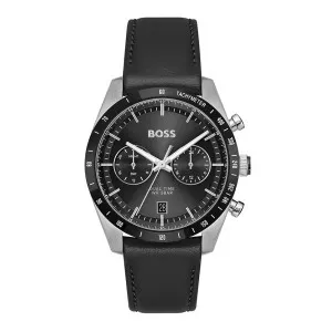Ρολόι BOSS 1514284 από ανοξείδωτο ατσάλι με μαύρο καντράν και μαύρο δερμάτινο λουράκι.