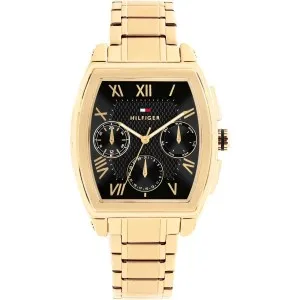 Ανδρικό ρολόι Tommy Hilfiger 1710764 από επιχρυσωμένο ανοξείδωτο ατσάλι με μαύρο καντράν και μπρασελέ.