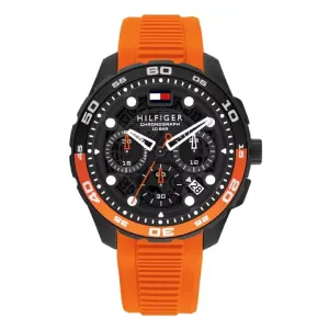 Ανδρικό ρολόι Tommy Hilfiger 1792234 από ανοξείδωτο ατσάλι με μαύρο καντράν και πορτοκαλί καουτσούκ λουράκι.