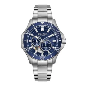Ανδρικό ρολόι QUANTUM QMG1188.390 Q-MASTER Automatic από ανοξείδωτο ατσάλι με μπλε καντράν και ασημί μπρασελέ.