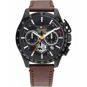 Ανδρικό Ρολόι Tommy Hilfiger 1792291 Bank από ανοξείδωτο ατσάλι με μαύρο καντράν και καφέ δερμάτινο λουράκι.