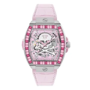 Ρολόι PHILIPP PLEIN PWJHA0126 The Skeleton BAGUETTES Automatic με ροζ καντράν και ροζ δερμάτινο λουρ΄άκι.
