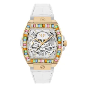 Ρολόι PHILIPP PLEIN PWJHA0326 The Skeleton BAGUETTES Automatic με λευκό καντράν και λευκό δερμάτινο λουρ΄άκι.
