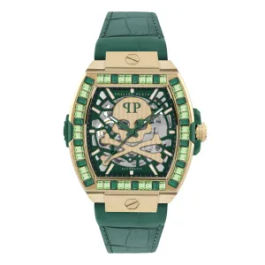 Ρολόι PHILIPP PLEIN PWJHA0226 The Skeleton BAGUETTES Automatic με πράσινο καντράν και πράσινο δερμάτινο λουρ΄άκι.