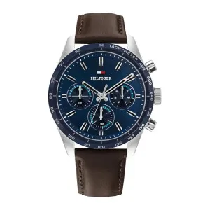 Ανδρικό ρολόι Tommy Hilfiger 1792276 από ανοξείδωτο ατσάλι με μπλέ καντράν και καφέ δερμάτινο λουράκι.
