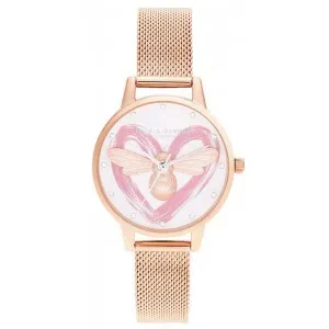 Ρολόι Olivia Burton OB16FB01 My Heart Lucky Bee με λευκό καντράν και ροζ χευσό μπρασελέ