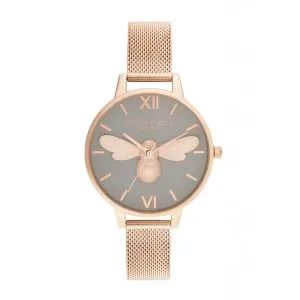 Ρολόι Olivia Burton OB16FB10 Lucky Bee με γκρί καντράν και ροζ χρυσό μπρασελέ