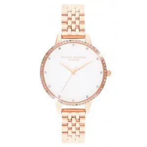 Ρολόι Olivia Burton OB16RB21 Rainbow Bezel με λευκό καντράν και ροζ χρυσό μπρασελέ