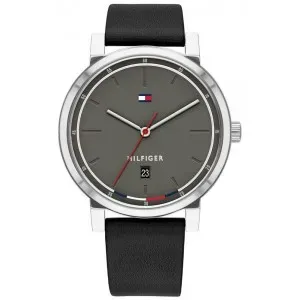 Ρολόι TOMMY HILFIGER 1791735 Thompson από ανοξείδωτο ατσάλι με γκρι καντράν και μαύρο δερμάτινο λουράκι.