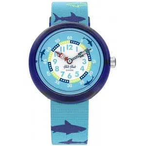 Ρολόι FLIK FLAK ZFBNP157 Sharkasm με μπλε-λευκό καντράν και γαλάζιο λουράκι.