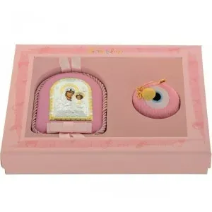 Ασημένιο παιδικό σετ PRINCE SILVERO MA/S006-2R εικονάκι με φίλμ ασημιού και ασημένια επίχρυση παραμάνα για κορίτσι σε ρόζ χρώμα