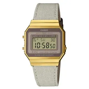 Ρολόι CASIO A-700WEGL-7AEF VINTAGE με ψηφιακό καντράν και λευκό υφασμάτινο-δερμάτινο λουράκι.