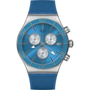 Ρολόι SWATCH YVS485 Irony Blue Is All Chronograph με γαλάζιο καντράν και γαλάζιο καουτσούκ λουράκι.