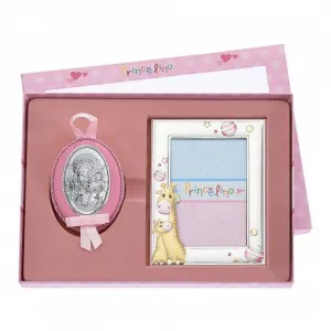 Ασημένιο παιδικό σετ εικόνα κούνιας και κορνίζα 9X13cm για κορίτσι σε ροζ χρώμα MA/S129/3R