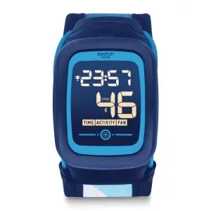 Ρολόι SWATCH SVQN102B NOSSAZERO2 με ψηφιακό καντράν και μπλε υφασμάτινο λουράκι.