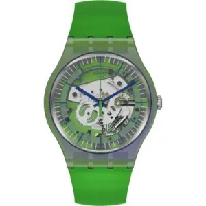 Ρολόι SWATCH Shimmer SUOM117 με διάφανο καντράν και πράσινο καουτσούκ λουράκι.