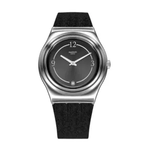 Ρολόι Swatch YLS214 Madame Night με μαύρο καντράν και μαύρο δερμάτινο λουράκι.