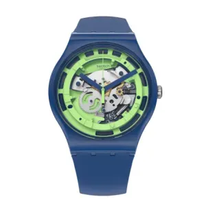 Ρολόι SWATCH SUON147 Green Anatomy με διάφανο καντράν και μπλε καουτσούκ λουράκι.
