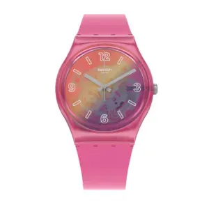 Ρολόι SWATCH GP174 Orange Disco Fever με διάφανο καντράν και ροζ καουτσούκ λουράκι.